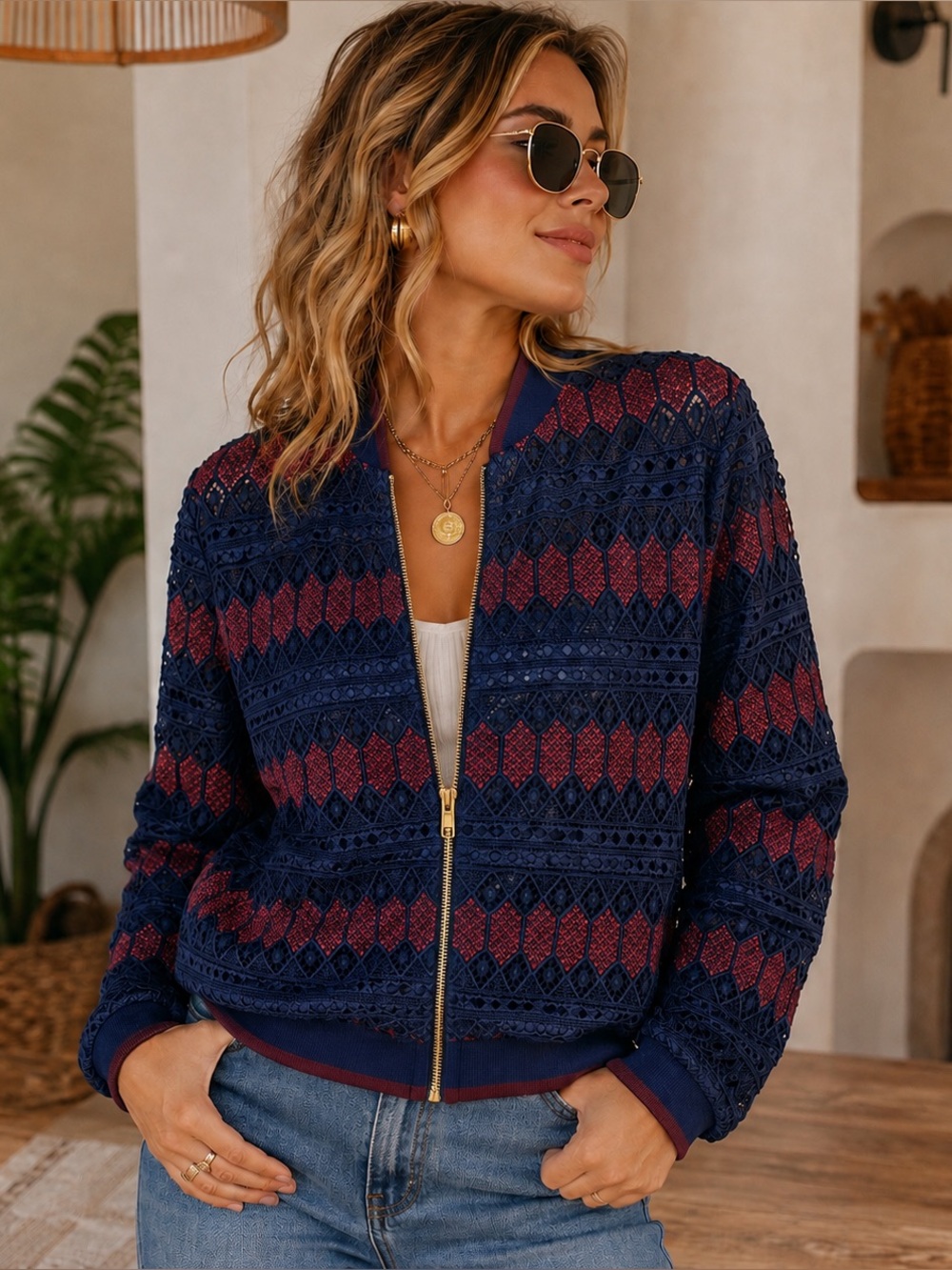 Trina Turk Women’s Large Navy Lace Crochet Bomber Jacket Geometric Zip Front